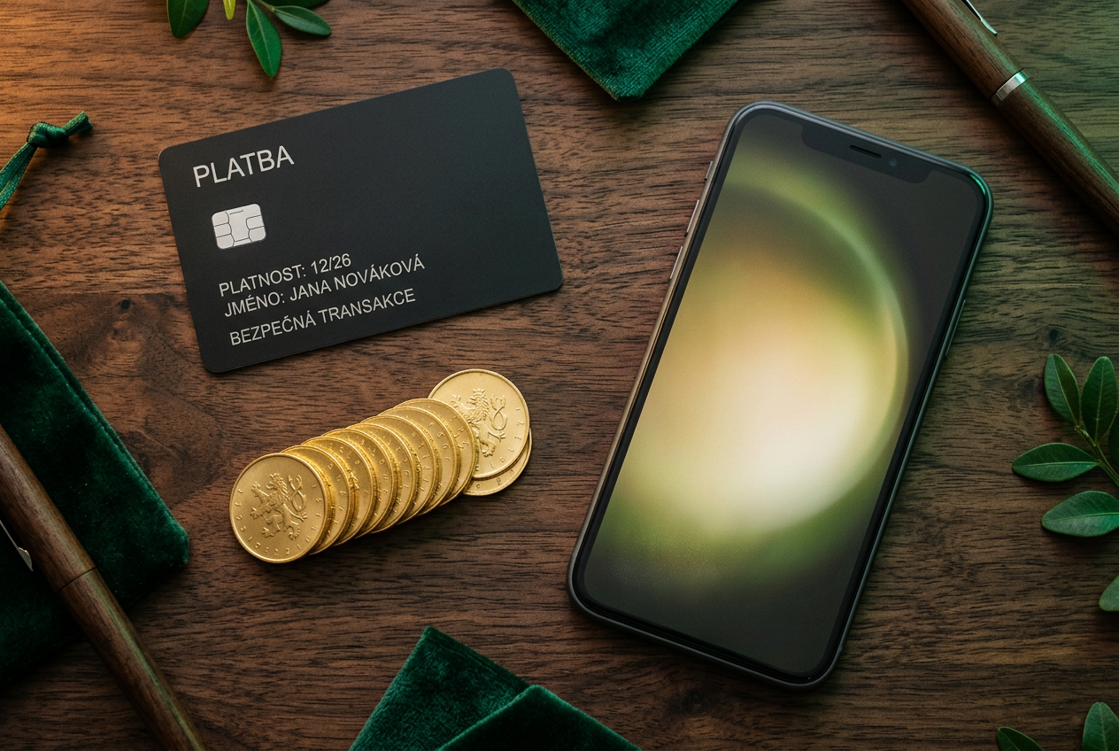 Detailní pohled na chytrý telefon a platební karty na stole
