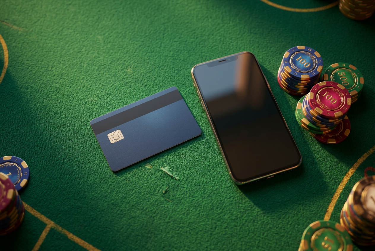 Detailní záběr na chytrý telefon a platební kartu na zeleném plátně
